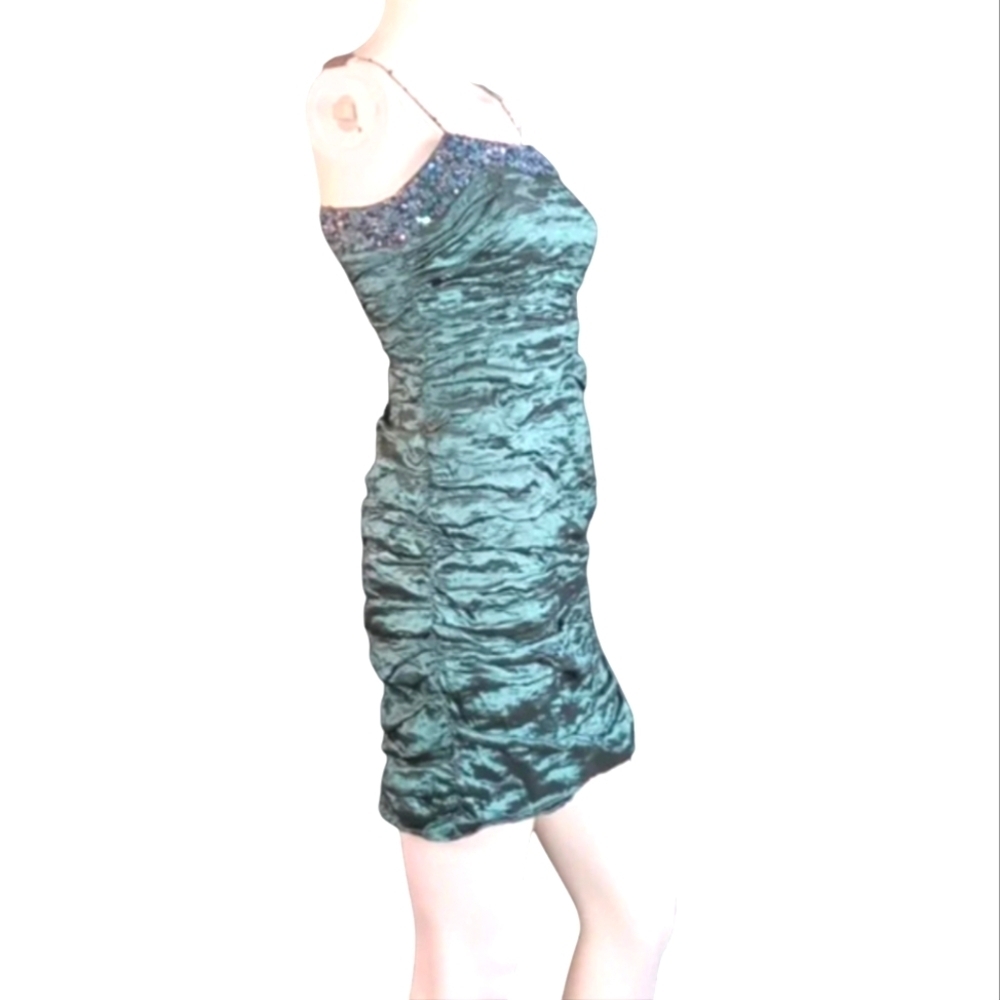 BCBGMaxAzria Satin Crinkle Aqua Cocktail Dress Bead & Sequin Trim